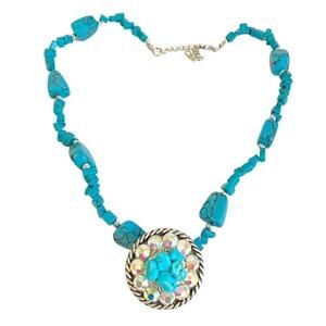Turquoise Nugget Necklace Aurora Borealis Crystal Iridescent Enhancer Pendant